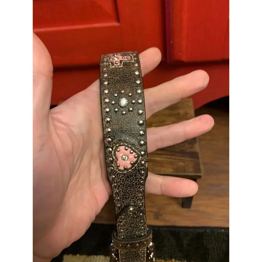 Nocona Belt Company Size 24 Genuine Leather Pink Cross Heart Bling Western EUC